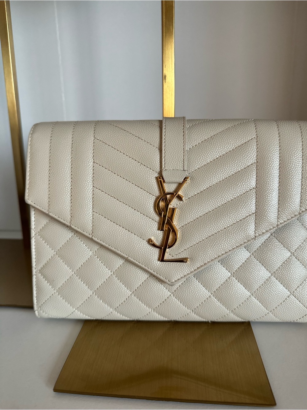 Saint Laurent Ivory Quilted Envelope Clutch with Gold hardware - Picture 3 of 6